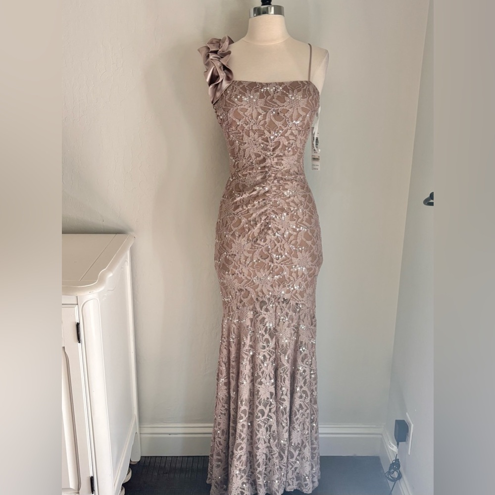 One Shoulder Lace Fitted Ruffle Accent Maxi Gown Taupe, Size 1/2 Junior’s NWT